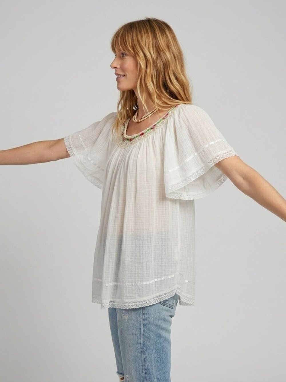 Vintage 60s 70s Cotton Gauze Angel Sleeve Lace Boho Blouse